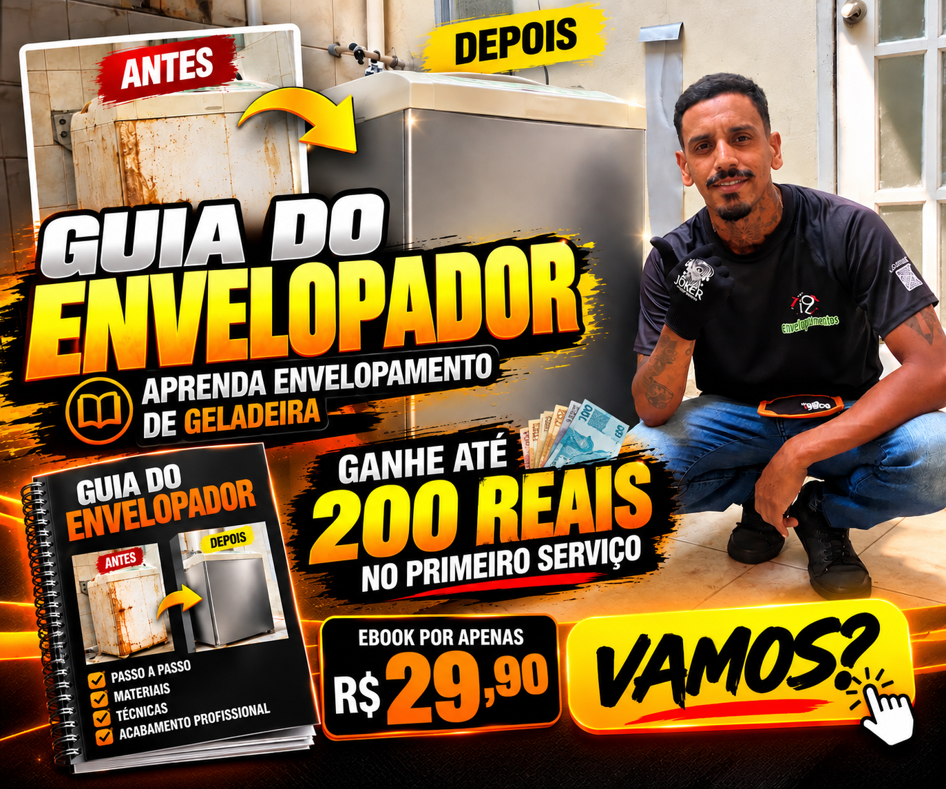Criativo promocional do Guia do Envelopador, voltado ao envelopamento de geladeiras